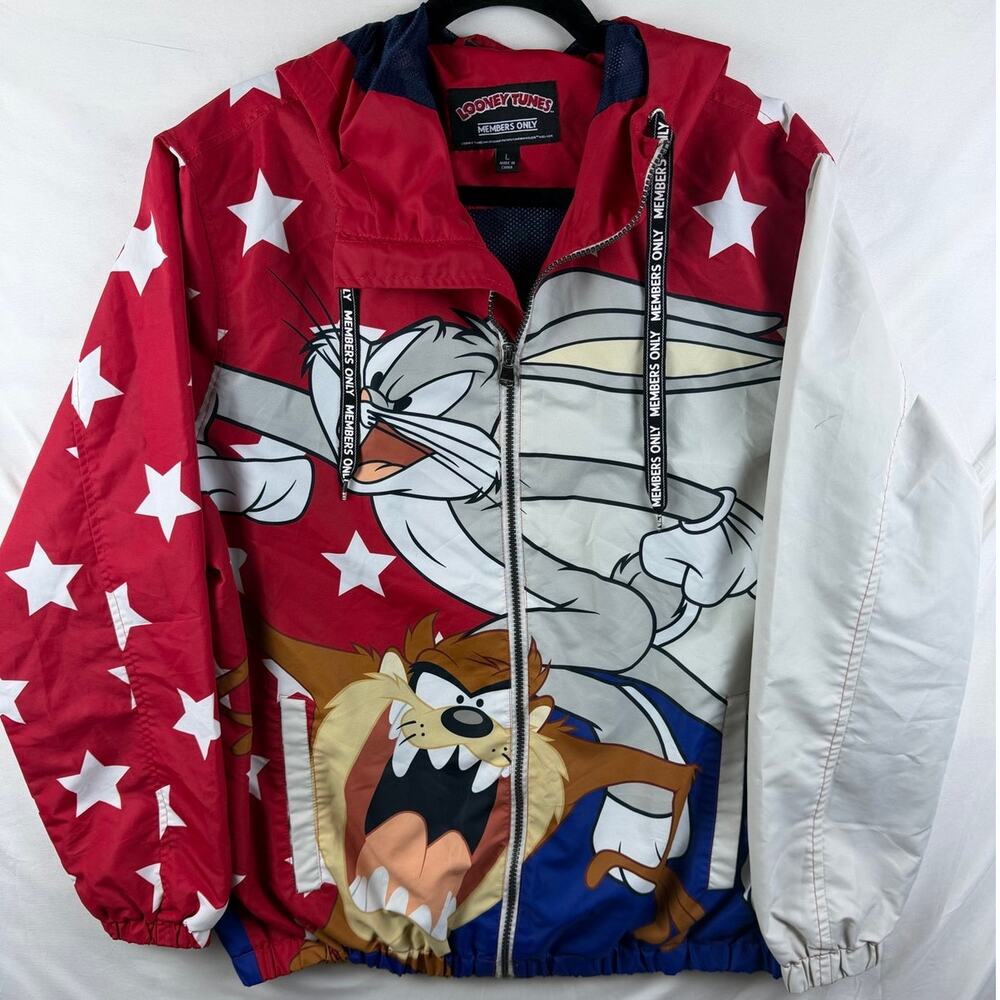 Rare Members Only X Looney Tunes Multicolor Hooded Windbreaker Jacket - Large